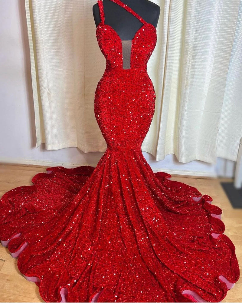 One Shoulder Mermaid Sequins Sleeveless Sweep/Brush Train Prom Dresses front view