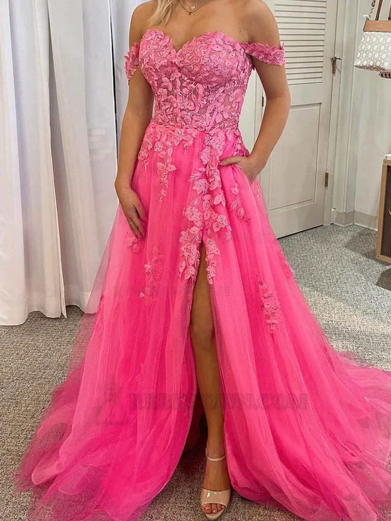 A-Line Appliques Tulle Sleeveless Off the Shoulder Brush Train Prom Dresses front view