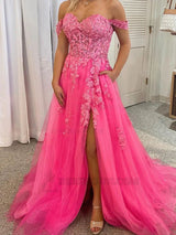 A-Line Appliques Tulle Sleeveless Off the Shoulder Brush Train Prom Dresses front view
