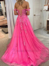 A-Line Appliques Tulle Sleeveless Off the Shoulder Brush Train Prom Dresses back view