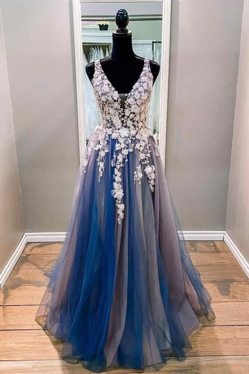 2027 V-neck A-Line Appliques Tulle Sleeveless Sweep/Brush Train Prom Dresses front view