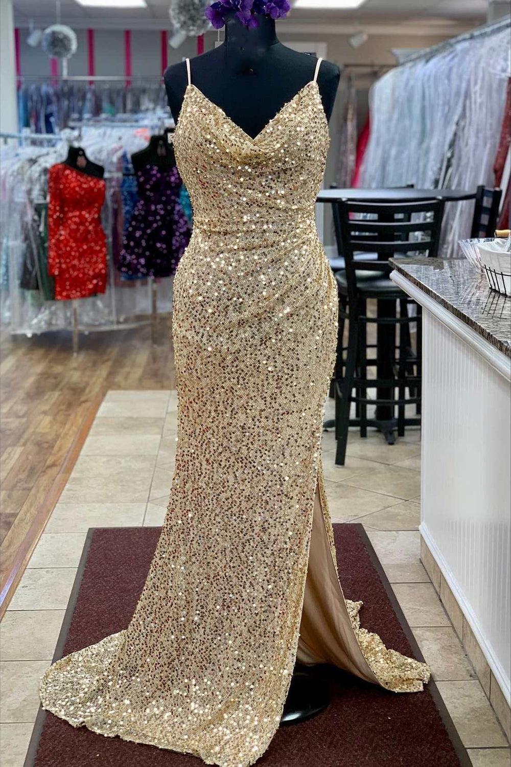 2027 Sheath/Column Sequins Spaghetti Straps Sleeveless Sweep/Brush Train Prom Dresses front view