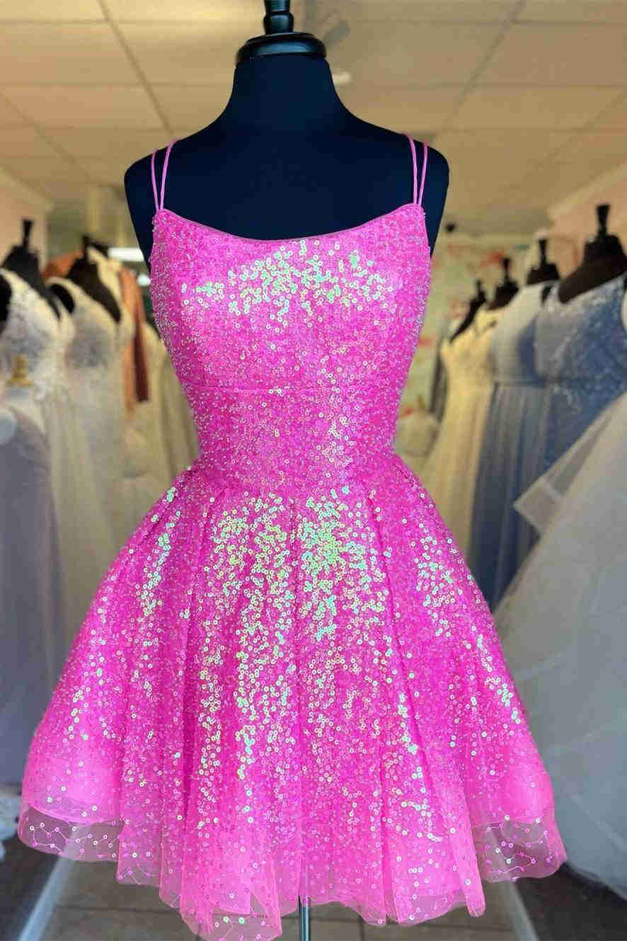 Blue Ball Gown Spaghetti Straps Sequins Short/Mini Sleeveless 2027 Homecoming Dresses side view