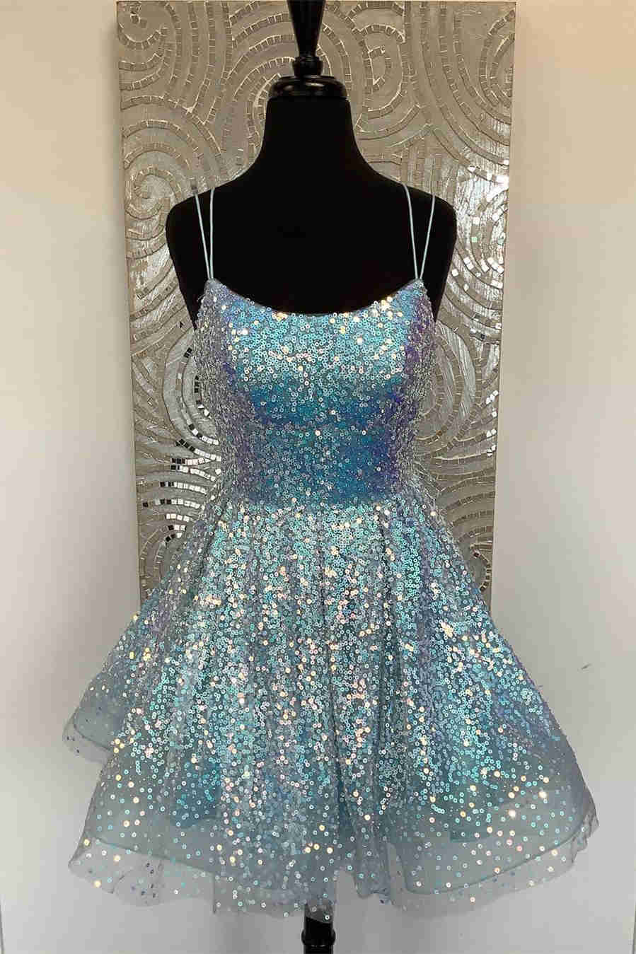 Blue Ball Gown Spaghetti Straps Sequins Short/Mini Sleeveless 2027 Homecoming Dresses front view
