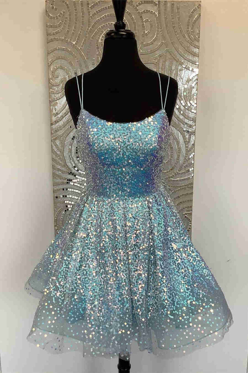 Blue Ball Gown Spaghetti Straps Sequins Short/Mini Sleeveless 2027 Homecoming Dresses front view