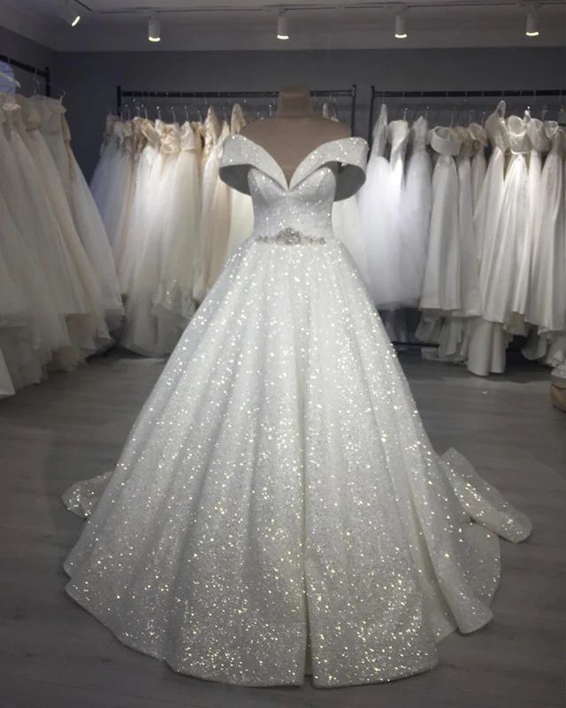 Ball Gown Sequins Off the Shoulder Sleeveless Ivory Sweep/Brush Train Wedding Dresses front view
