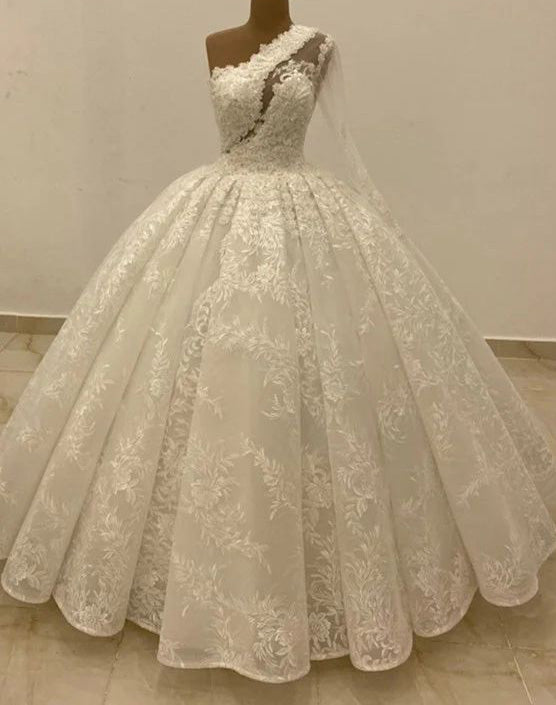 Lace Ball Gown One Shoulder Ivory Sleeveless Sweep/Brush Train Wedding Dresses front view