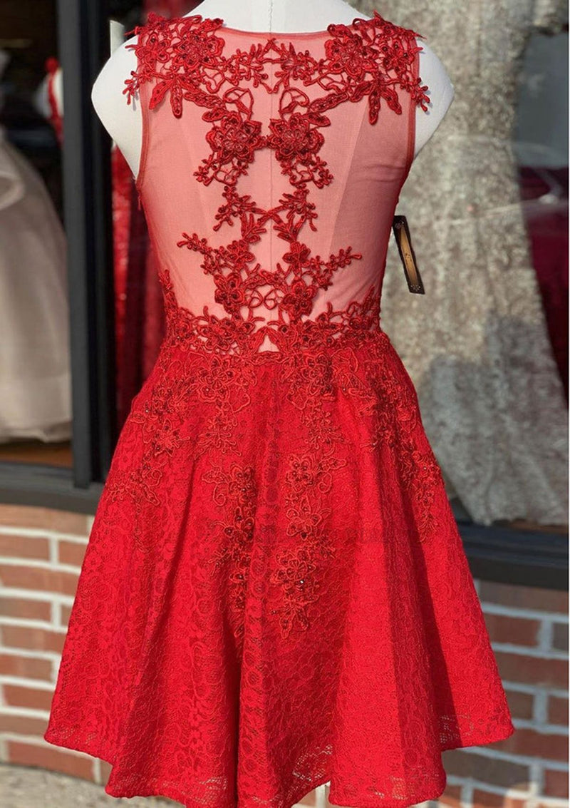 2027 Sleeveless V-neck A-Line/Princess Lace Short/Mini Red Homecoming Dresses With Beading back view
