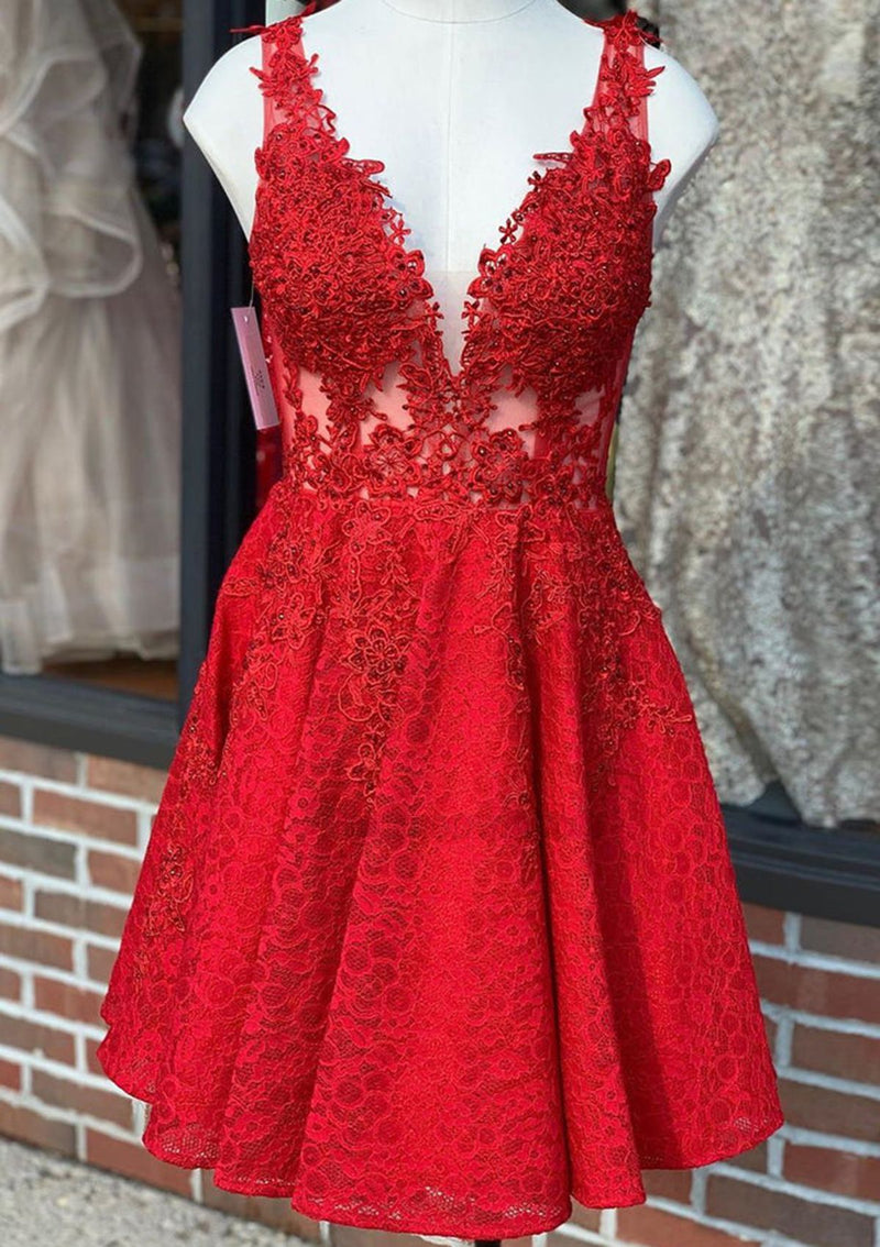 2027 Sleeveless V-neck A-Line/Princess Lace Short/Mini Red Homecoming Dresses With Beading front view