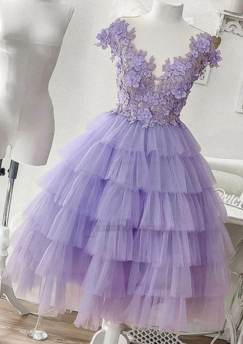 2027 Ball Gown Crew Neck Tulle Sleeveless Mini Lavender Homecoming Dresses With Appliques front view