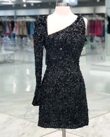 2027 One Shoulder Sequins Column Long Sleeveless Mini Black Homecoming Dresses front view
