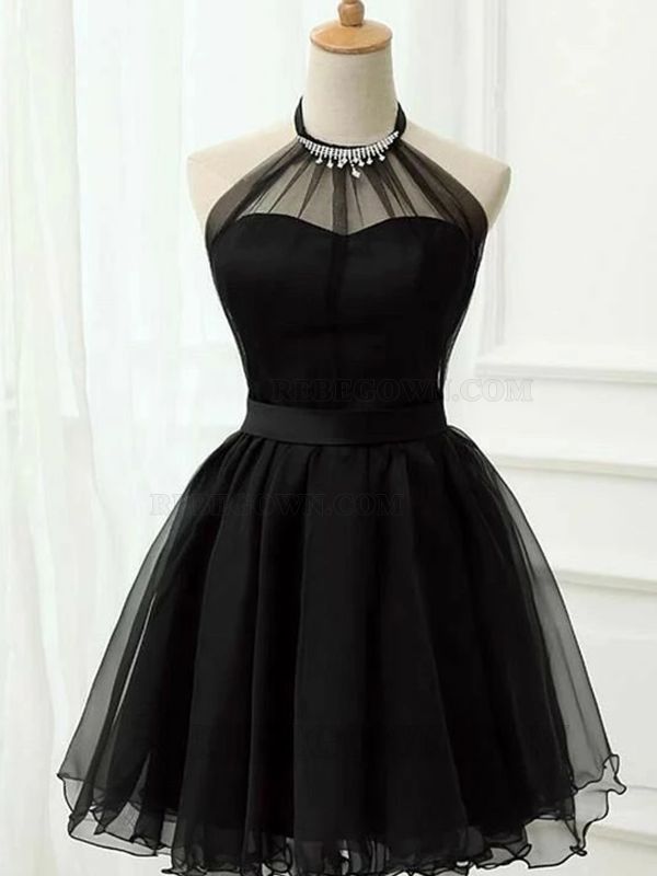 2027 A-Line Tulle Halter Sleeveless Short/Mini Black Homecoming Dresses With Beading front view