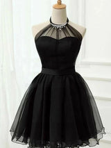2027 A-Line Tulle Halter Sleeveless Short/Mini Black Homecoming Dresses With Beading front view