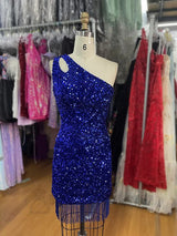 2027 One Shoulder Sequins Royal Blue Sleeveless Short Homecoming Dresses With Tassel front view