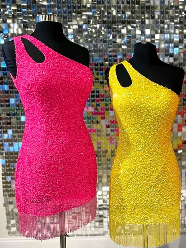 2027 One Shoulder Sequins Royal Blue Sleeveless Short Homecoming Dresses With Tassel back view