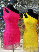 2027 One Shoulder Sequins Royal Blue Sleeveless Short Homecoming Dresses With Tassel back view