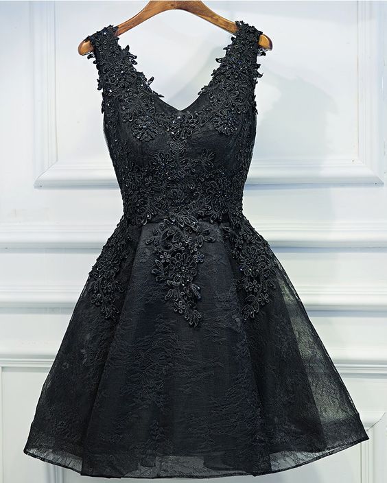 A-Line V-Neck Appliques Short Black Homecoming Dress 2027 front view