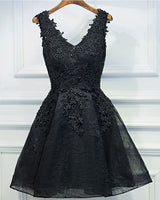 A-Line V-Neck Appliques Short Black Homecoming Dress 2027 front view
