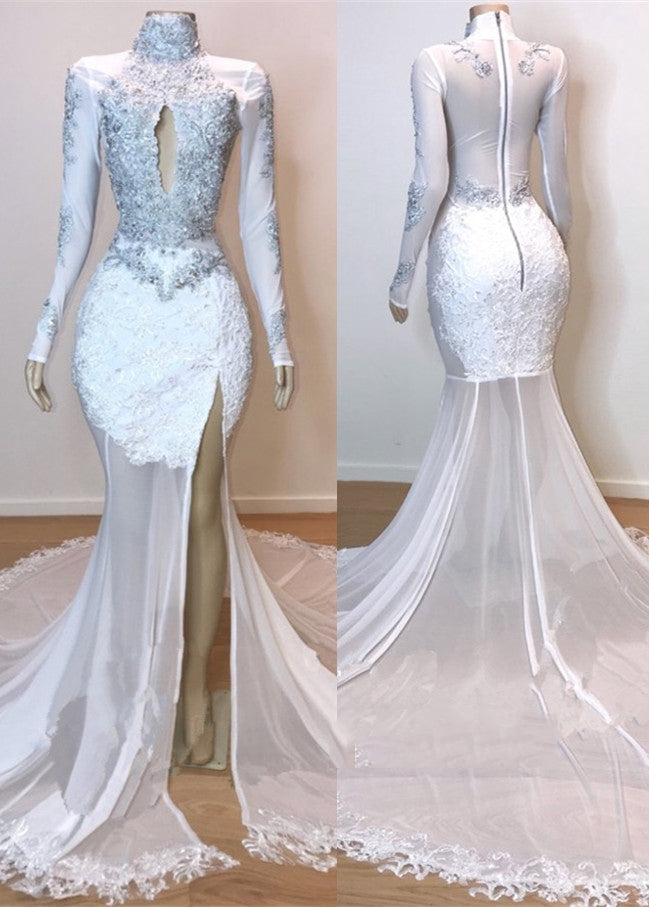 2027 White Long Sleeve High Neck Lace and Tulle Side Slit Mermaid Prom Dresses front view