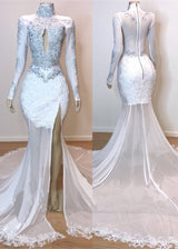2027 White Long Sleeve High Neck Lace and Tulle Side Slit Mermaid Prom Dresses front view