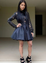 A-Line Long Sleeves Backless Black Short Homecoming Dress 2027 with Lace side view
