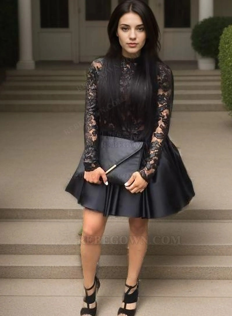 A-Line Long Sleeves Backless Black Short Homecoming Dress 2027 with Lace front view
