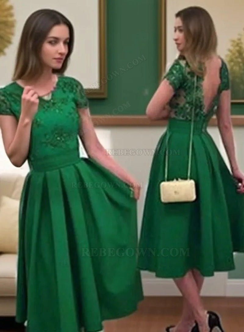 2027 A-Line Scoop Neck Short Sleeve V Back Lace Satin Tea-Length Homecoming Dresses front view