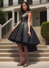 2027 Ball Gown Scoop Neck Cap Sleeve Beaded High Low Satin Tea-Length Homecoming Dresses front view