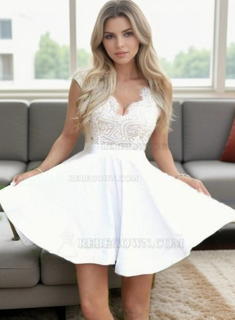 2027 A-Line V Neck Cap Sleeve Cut Out Back Lace Cut Short/Mini Homecoming Dresses front view