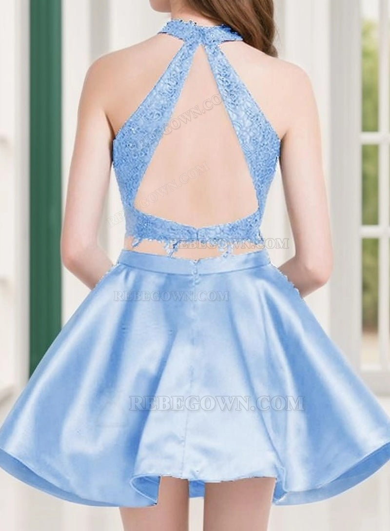 2027 A-Line Halter Sleeveless Cut Out Back Two Piece Layers Applique Satin Cut Short/Mini Homecoming Dresses back view