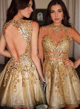 2027 A-Line Scoop Neck Sleeveless Applique Back Cut Out Tulle Cut Short/Mini Homecoming Dresses front view