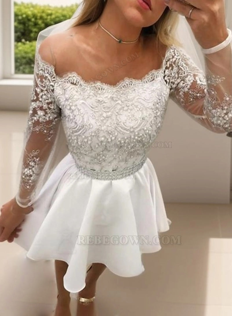 2027 A-Line Off-The-Shoulder Long Sleeve Applique Beading Cut Short/Mini Homecoming Dresses front view