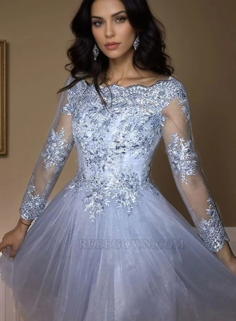 2027 A-Line Neck Long Sleeve Applique Tulle Cut Short/Mini Homecoming Dresses front view