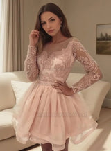 2027 Ball Gown Scoop Neck Long Sleeve Lace Pleated Layers Cut Short/Mini Homecoming Dresses front view