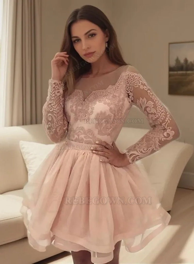 2027 Ball Gown Scoop Neck Long Sleeve Lace Pleated Layers Cut Short/Mini Homecoming Dresses front view