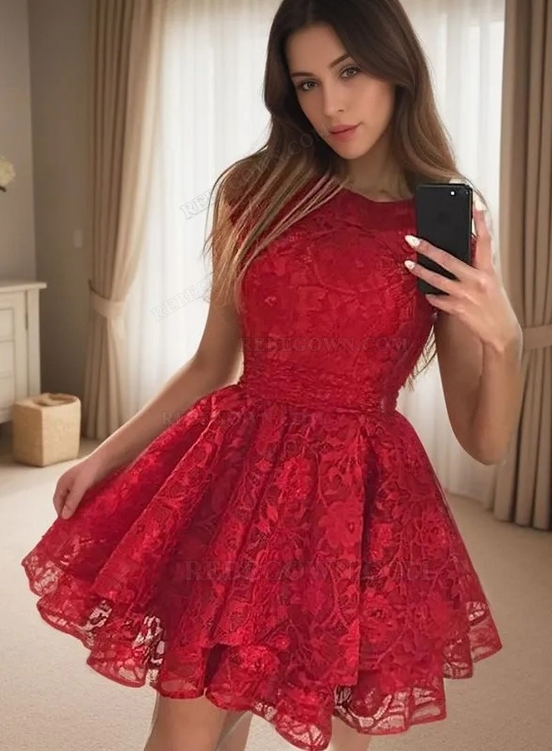 2027 Ball Gown Jewel Neck Sleeveless Layers Lace Cut Short/Mini Homecoming Dresses front view