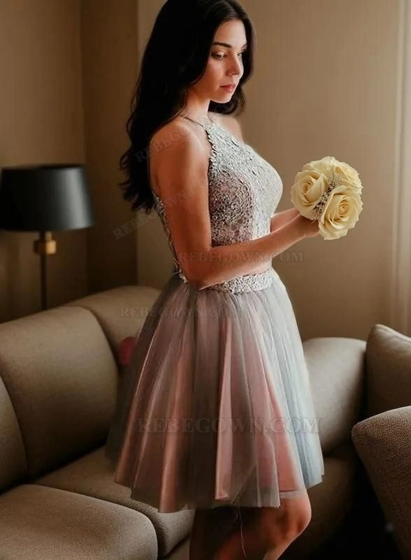 2027 Ball Gown Two Piece Halter Sleeveless Applique Tulle Knee-Length Homecoming Dresses back view