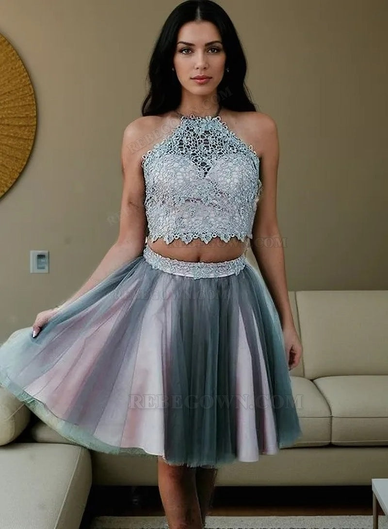2027 Ball Gown Two Piece Halter Sleeveless Applique Tulle Knee-Length Homecoming Dresses front view