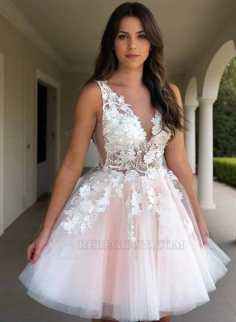 2027 Ball Gown V Neck Sleeveless Applique Beading Tulle Cut Short/Mini Homecoming Dresses front view
