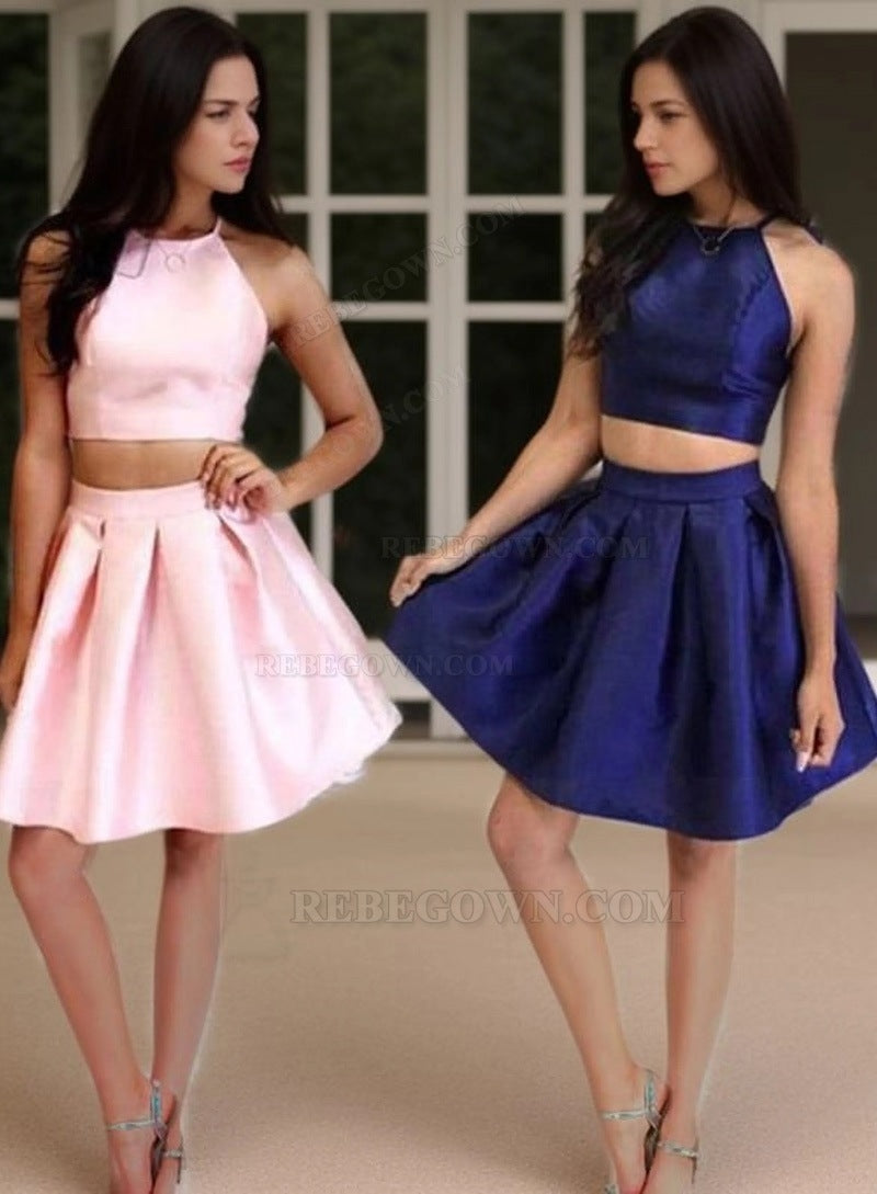 Two Piece Halter Sleeveless Satin Pleated Cut Short/Mini Homecoming Dresses front view