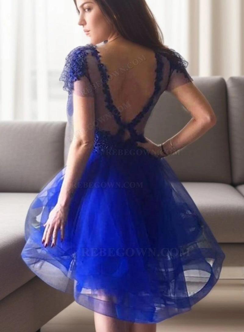 Royal Blue Ball Gown High Low Tiers Applique Beading Scoop Neck  Organza Homecoming Dresses back view