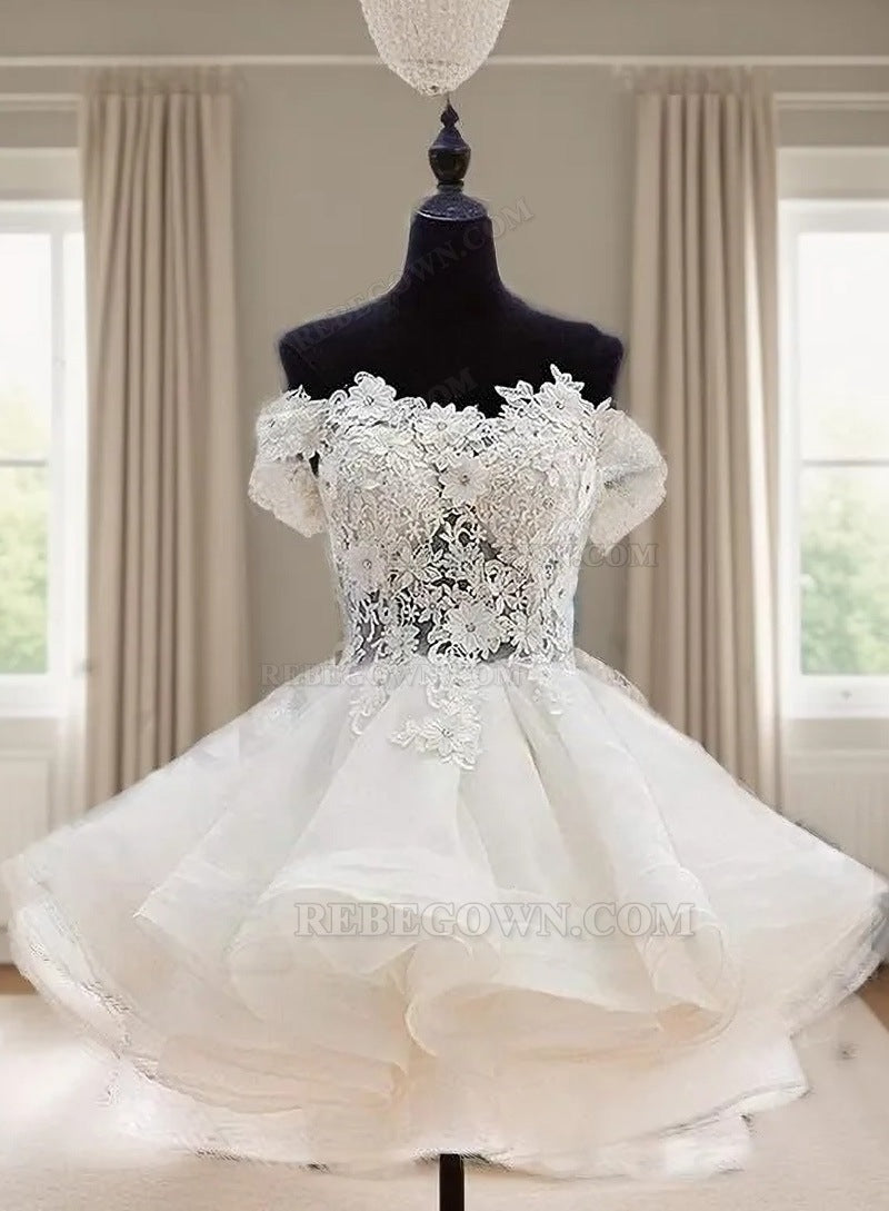 Ball Gown Botton Layer Applique Beading Off-The-Shoulder Cut Short Mini Homecoming Dresses front view