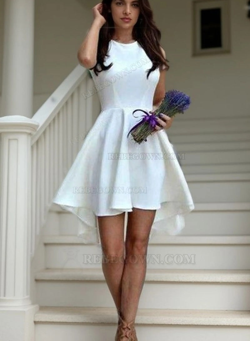 Simple Design White High Low Scoop Neck Sleeveless Cut Short/Mini Homecoming Dresses front view