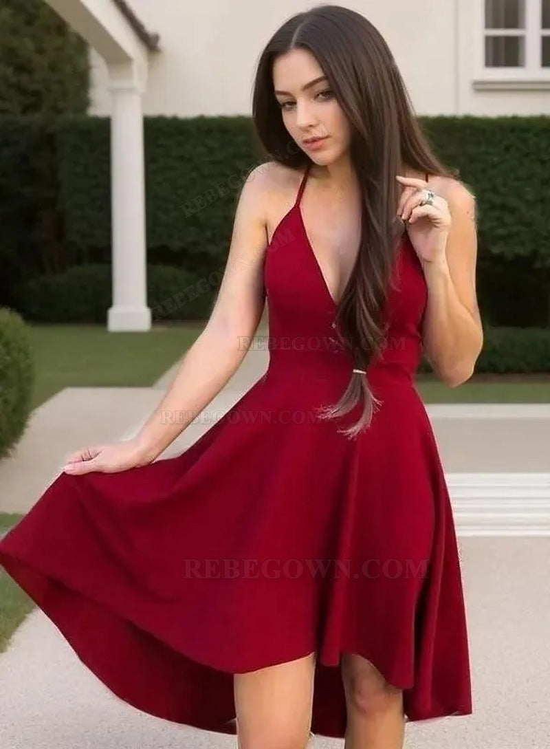 High Low V Neck Halter Sleeveless A-Line Short Mini Homecoming Dresses front view