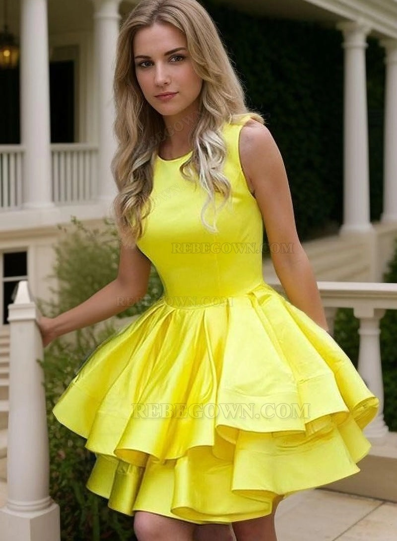 Satin Ball Gown Layers Scoop Neck Sleeveless Cut Short Mini Homecoming Dresses front view