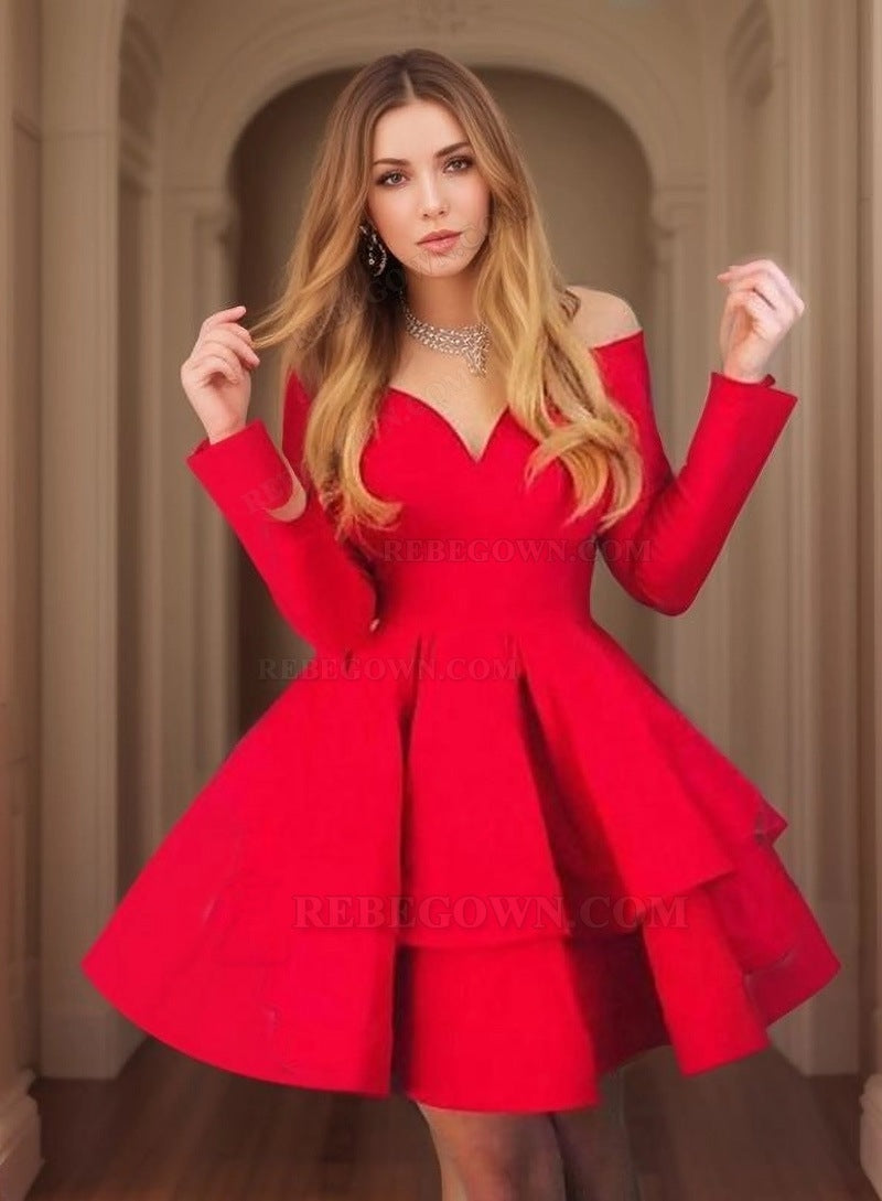 Long Sleeve Sweetheart Off-The-Shoulder Layers Cut Short Mini Homecoming Dresses front view