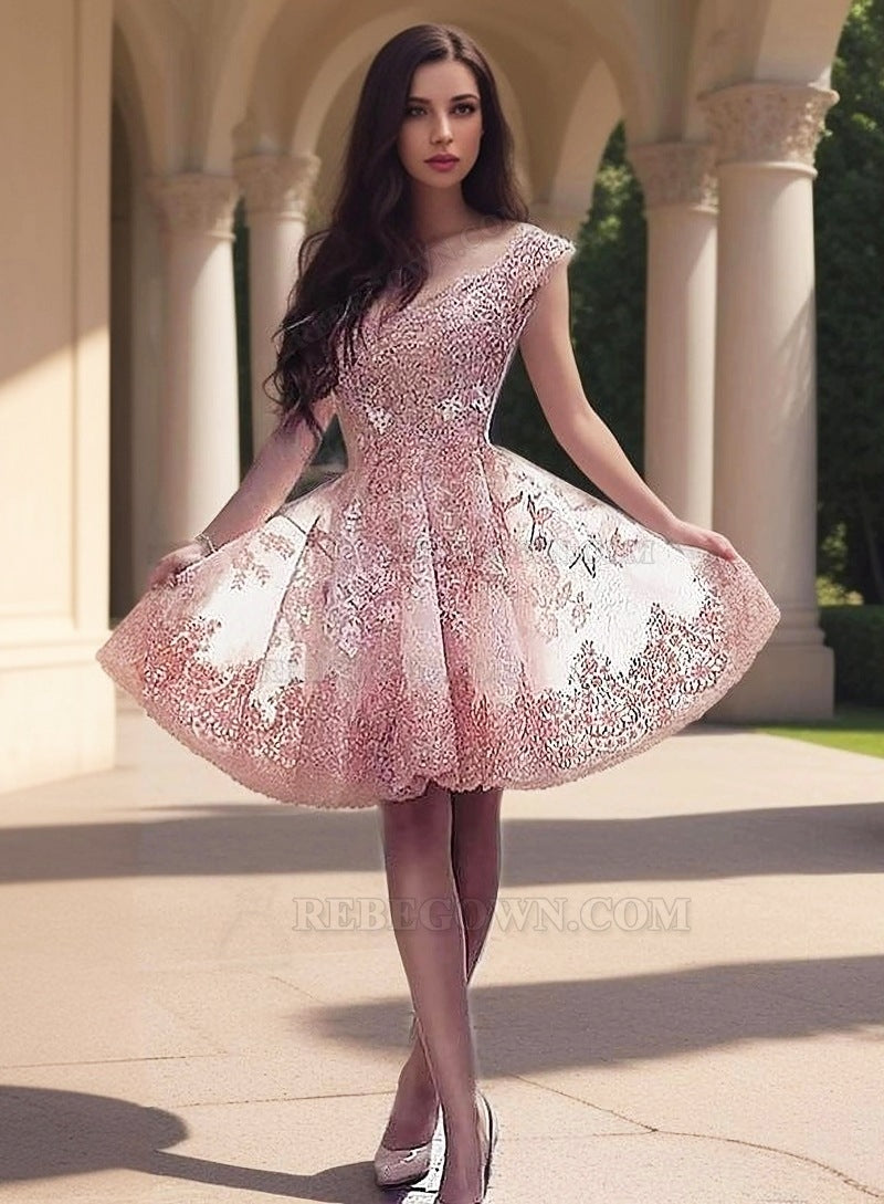 Lace A-Line Applique Off-The-Shoulder Short Mini Homecoming Dresses front view