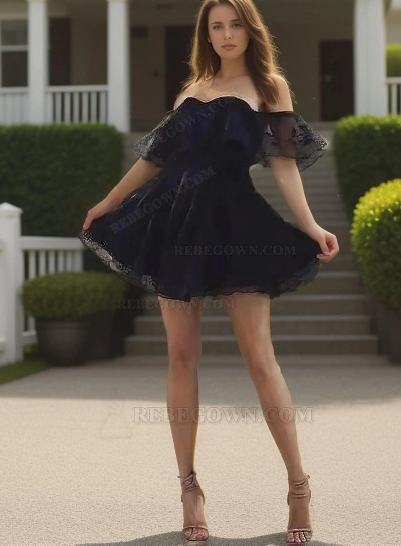 Cut Short Mini Black Lace Off-The-Shoulder Ruffle Sweetheart A-Line Homecoming Dresses front view