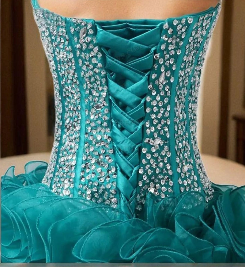 Ruffles Ball Gown Strapless Sweetheart Backless Rhinestone Organza Teal Homecoming Dresses back view
