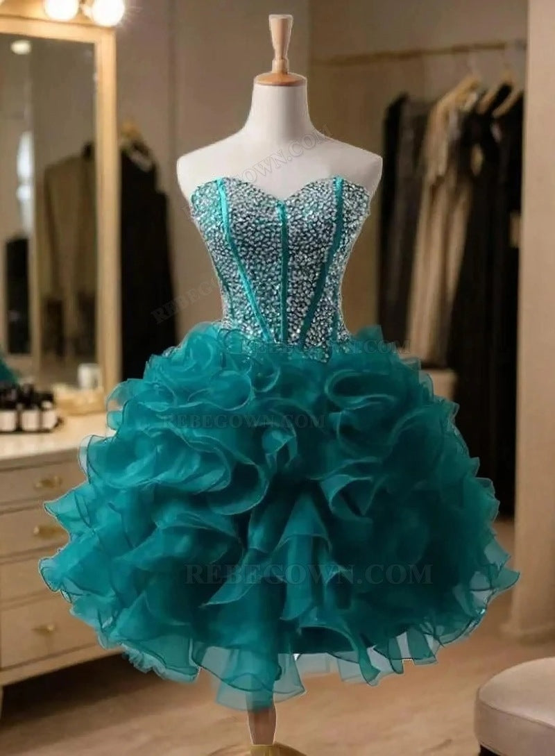 Ruffles Ball Gown Strapless Sweetheart Backless Rhinestone Organza Teal Homecoming Dresses front view